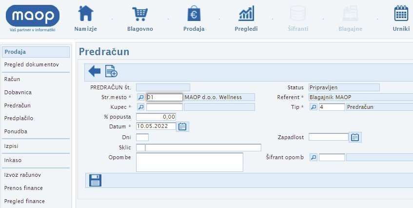 Izdaja predračuna v MAOP Cloud